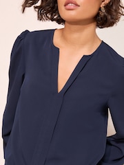 Friends Like These Navy Blue Long Sleeve Pleat Front Detail Blouse - Image 1 of 4