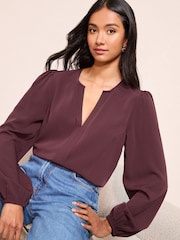 Friends Like These Burgundy Red Long Sleeve Pleat Front Detail Blouse - Image 1 of 4