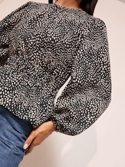 Friends Like These Black Print Shirred Waist Crew Neck Long Sleeve Blouse - Image 3 of 4