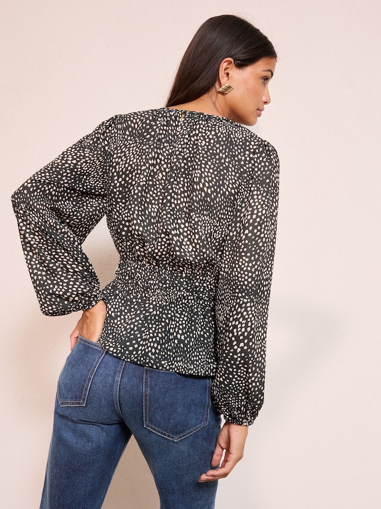 Friends Like These Black Print Shirred Waist Crew Neck Long Sleeve Blouse - Image 4 of 4