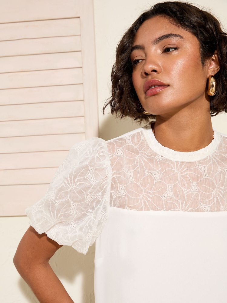 Friends Like These Cream Lace Yoke Puff Sleeve Blouse - Image 2 of 4
