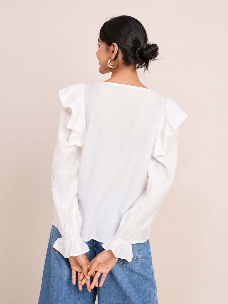 Friends Like These Cream Long Sleeve Lace Ruffle Trim Blouse - Image 2 of 2