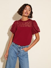 Friends Like These Red Lace Yoke Puff Sleeve Blouse - Image 1 of 4