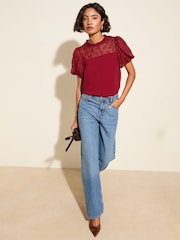 Friends Like These Red Lace Yoke Puff Sleeve Blouse - Image 3 of 4