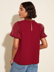 Friends Like These Red Lace Yoke Puff Sleeve Blouse - Image 4 of 4