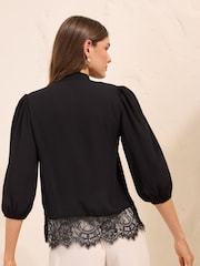 Friends Like These Black 3/4 Sleeve Bow Front Lace Hem Blouse - Image 5 of 5