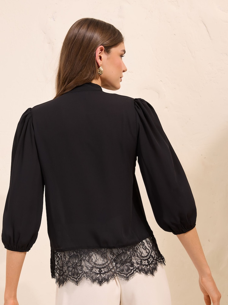 Friends Like These Black 3/4 Sleeve Bow Front Lace Hem Blouse - Image 5 of 5