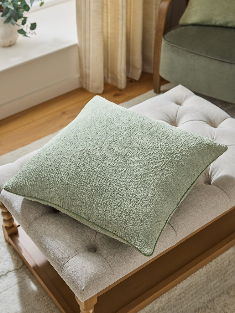 Green 59 x 59cm Boucle Chenille Textured Cushion - Image 1 of 6 Green 59 x 59cm Boucle Chenille Textured Cushion - Image 1 of 6