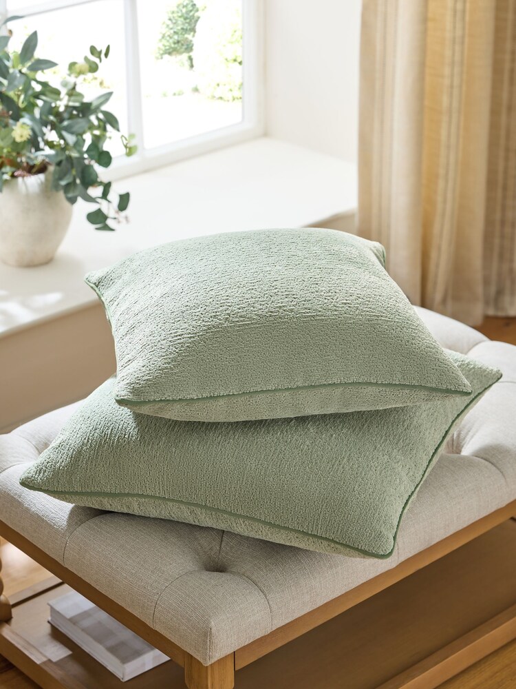 Green 59 x 59cm Boucle Chenille Textured Cushion - Image 2 of 6 Green 59 x 59cm Boucle Chenille Textured Cushion - Image 2 of 6