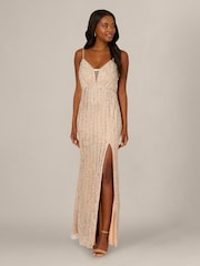 Adrianna Papell Silver Bead Plunge Mermaid Dress - Image 1 of 4