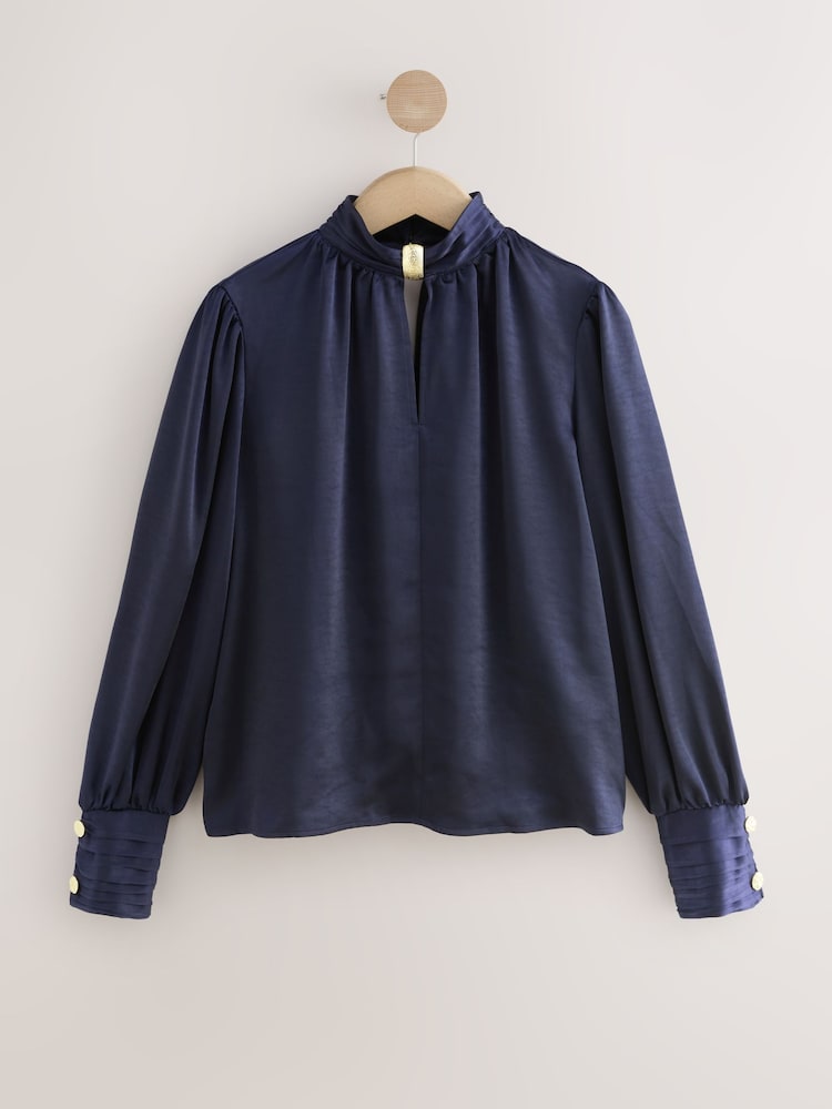 Marinha - Gold Hardware Long Sleeve Satin Blouse - Imagem 1 de 4