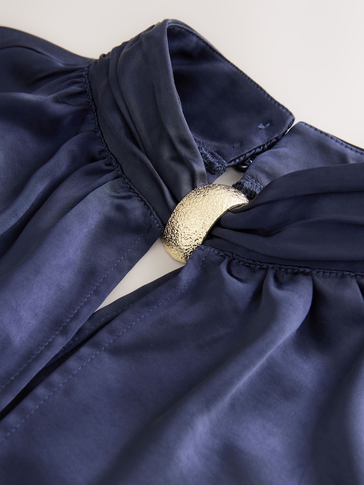 Marinha - Gold Hardware Long Sleeve Satin Blouse - Imagem 4 de 4