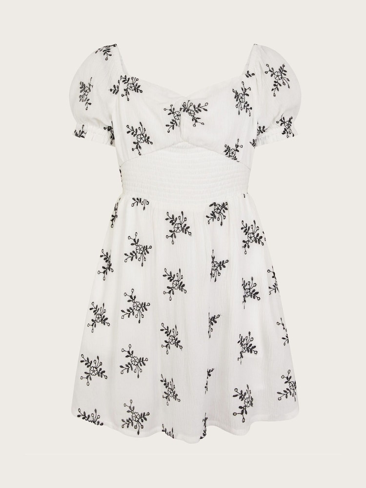 Monsoon White Broderie Floral Puff Sleeve Dress - Image 1 of 3
