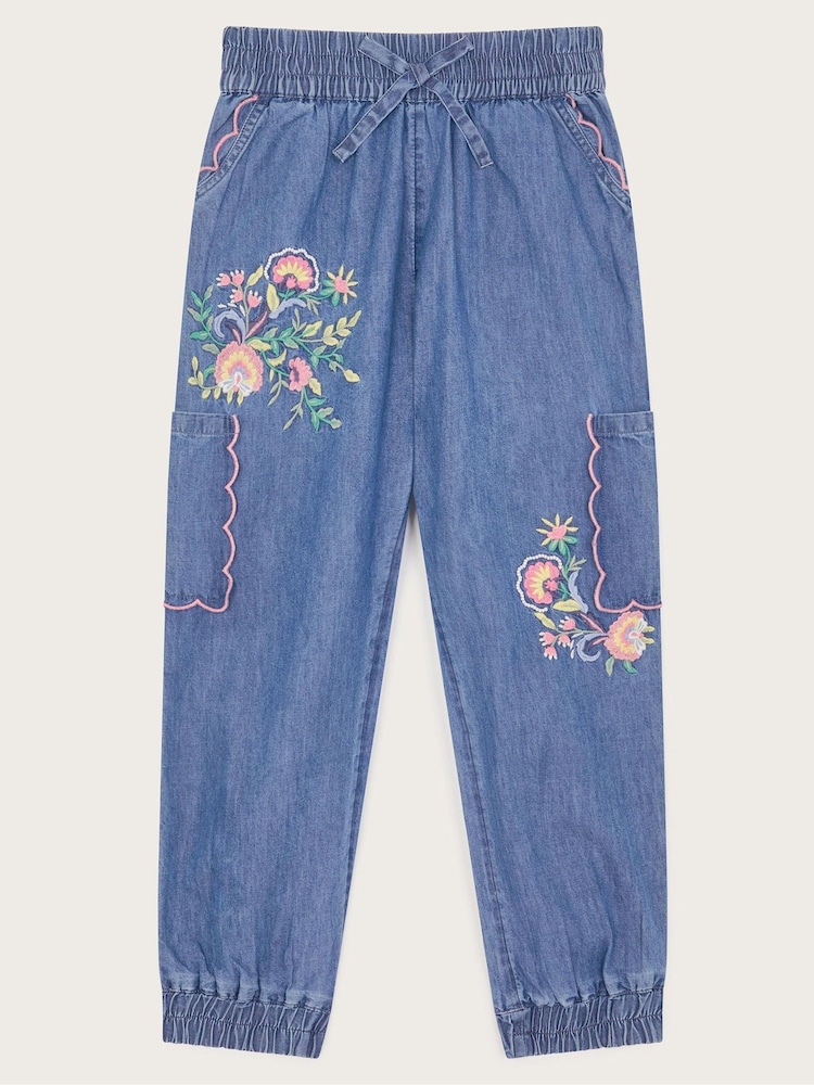 Monsoon Blue Embroidered Chambray Cargo Trousers - Image 1 of 3