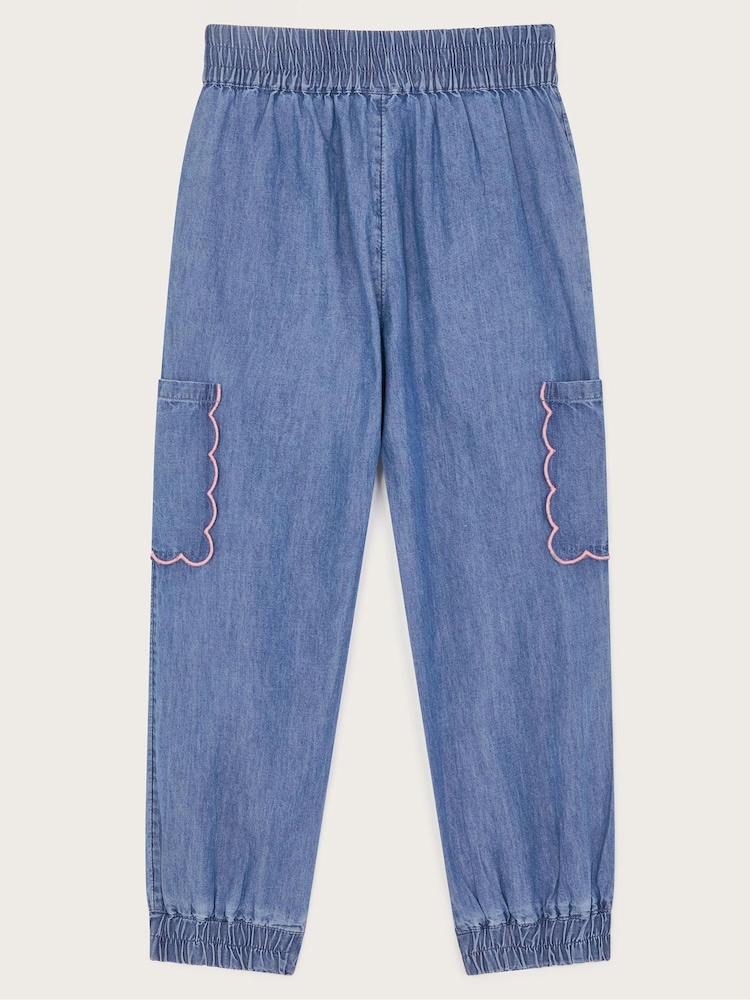 Monsoon Blue Embroidered Chambray Cargo Trousers - Image 2 of 3