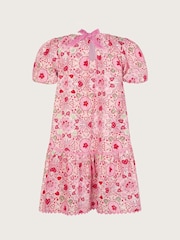 Monsoon Pink Heart Print Puff Sleeve Dress - Image 2 of 3