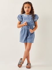 Monsoon Blue Embroidered Chambray Short Sleeve 100% Cotton Playsuit - Image 1 of 4
