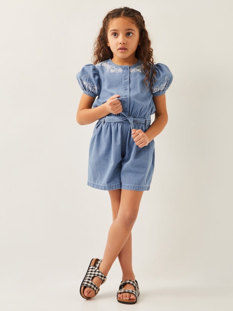 Monsoon Blue Embroidered Chambray Short Sleeve 100% Cotton Playsuit - Image 1 of 4