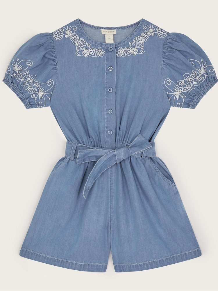 Monsoon Blue Embroidered Chambray Short Sleeve 100% Cotton Playsuit - Image 2 of 4