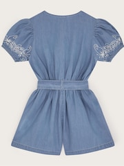 Monsoon Blue Embroidered Chambray Short Sleeve 100% Cotton Playsuit - Image 3 of 4