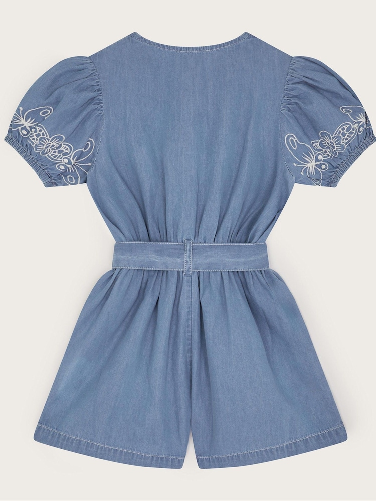 Monsoon Blue Embroidered Chambray Short Sleeve 100% Cotton Playsuit - Image 3 of 4
