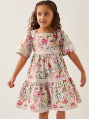 Monsoon White Floral Print Short Sleeve Tiered 100% Cotton Dress - Image 1 of 3