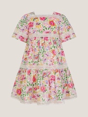 Monsoon White Floral Print Short Sleeve Tiered 100% Cotton Dress - Image 2 of 3