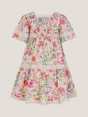 Monsoon White Floral Print Short Sleeve Tiered 100% Cotton Dress - Image 3 of 3