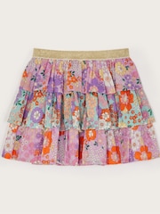 Monsoon Purple Floral Print Tiered 100% Cotton Skirt - Image 1 of 3