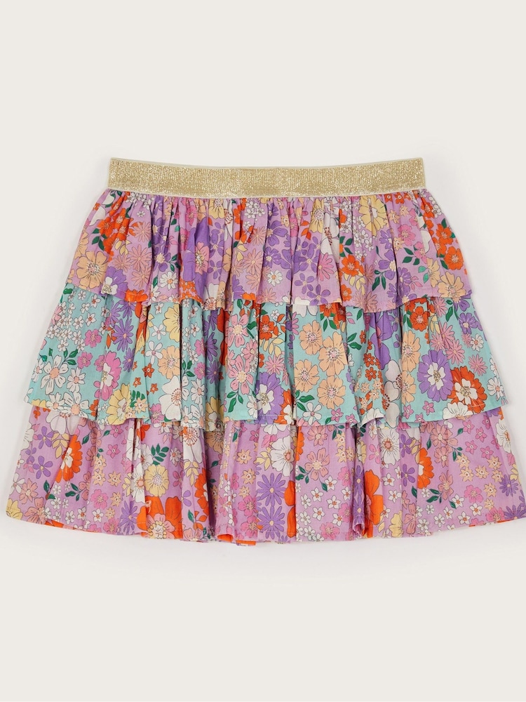 Monsoon Purple Floral Print Tiered 100% Cotton Skirt - Image 2 of 3