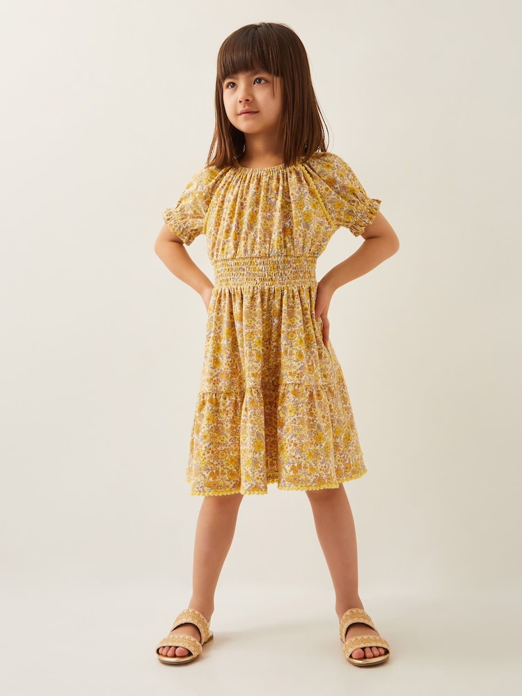 Monsoon Yellow Floral Puff Sleeve Jersey 100% Cotton Dress - Image 1 of 3