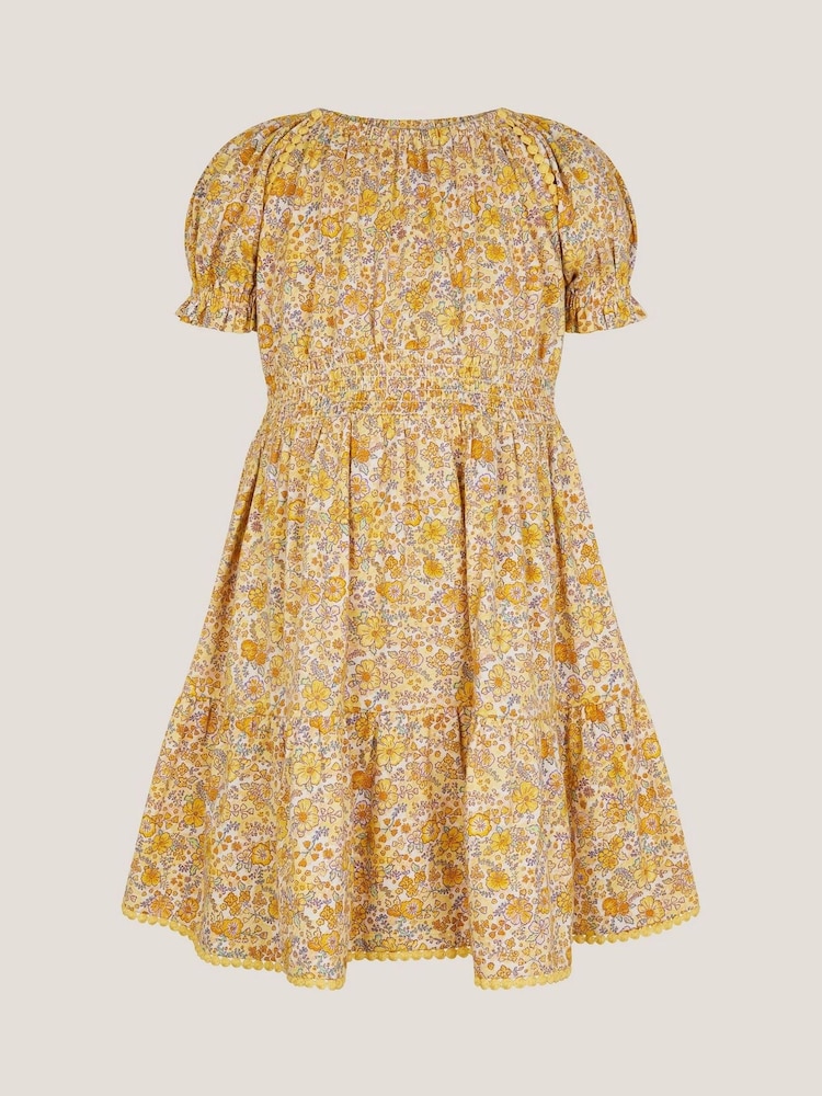Monsoon Yellow Floral Puff Sleeve Jersey 100% Cotton Dress - Image 2 of 3