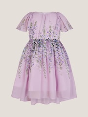 Monsoon Purple Floral Print Flutter Sleeve Dress - Image 1 of 3