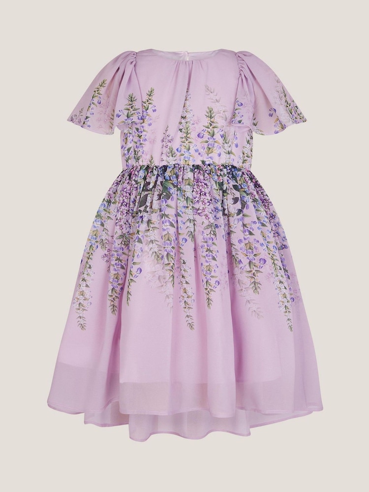 Monsoon Purple Floral Print Flutter Sleeve Dress - Image 1 of 3