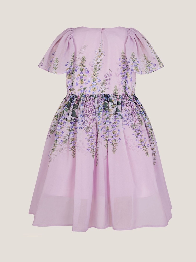 Monsoon Purple Floral Print Flutter Sleeve Dress - Image 2 of 3