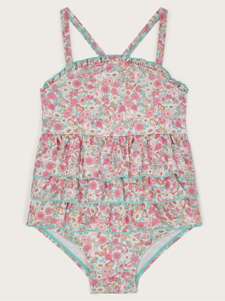 Monsoon Pink Baby Ditsy Floral Print Frilly Swimsuit - Image 1 of 3