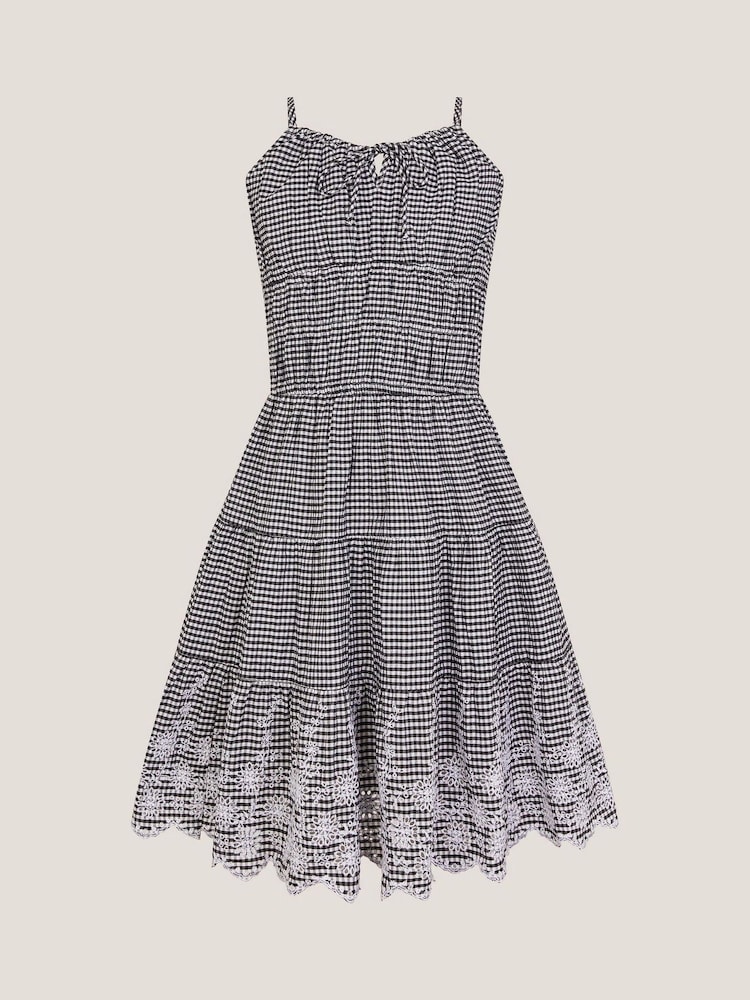 Monsoon Black Embroidered Gingham 100% Cotton Sun Dress - Image 1 of 2