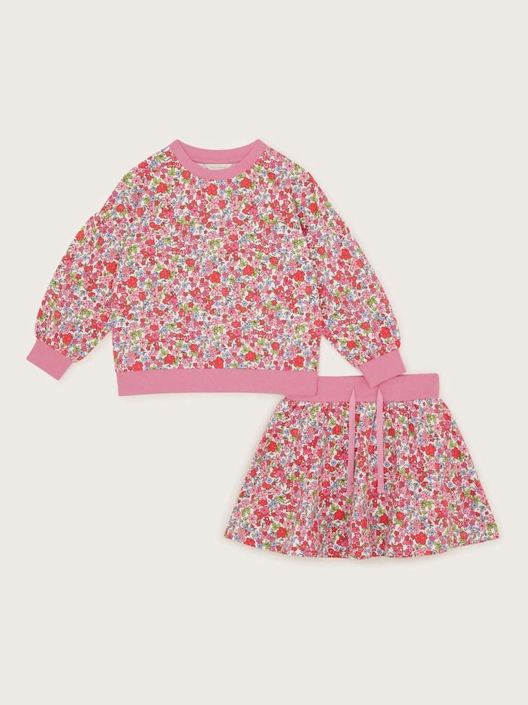 Monsoon Pink Ditsy Floral Sweatshirt and Skort Set - Image 1 of 3