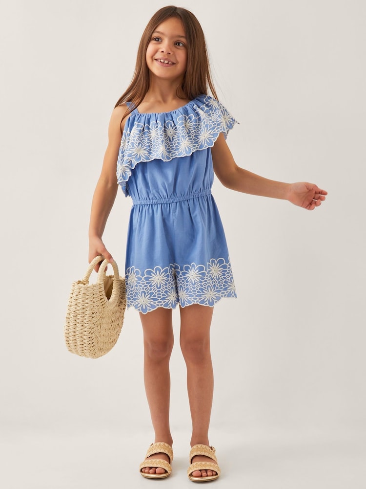 Monsoon Blue Embroidered Frill Playsuit - Image 1 of 4