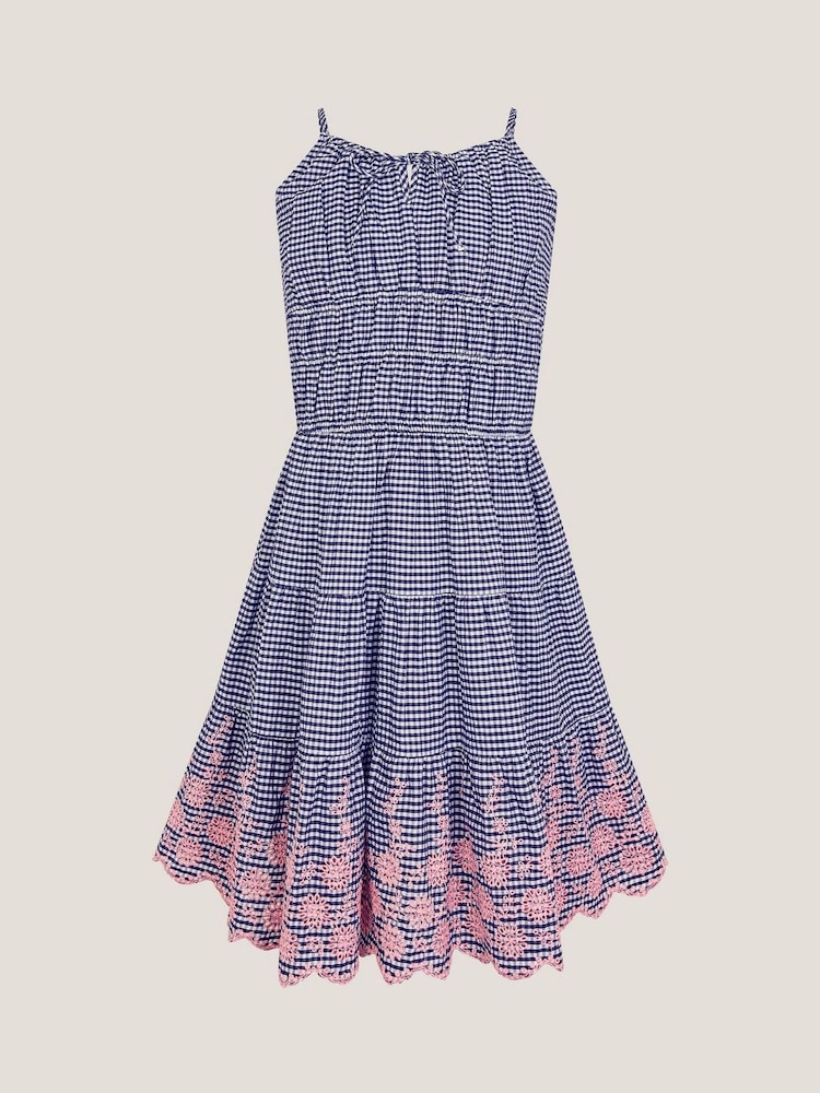 Monsoon Blue Embroidered Gingham 100% Cotton Sun Dress - Image 1 of 2