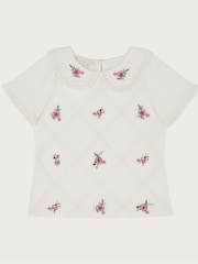 Monsoon Natural Floral Embroidered Collar 100% Cotton T-Shirt - Image 1 of 3