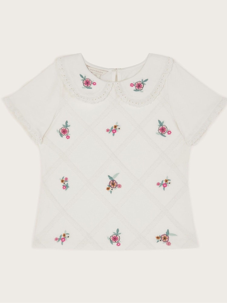Monsoon Natural Floral Embroidered Collar 100% Cotton T-Shirt - Image 1 of 3