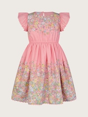 Monsoon Pink Floral Print Frill Sleeve Dress - Image 1 of 3