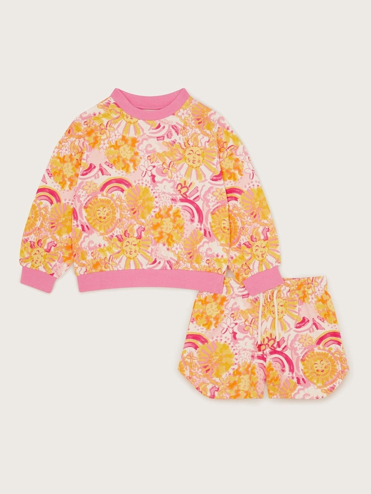 Monsoon Pink 100% Cotton Sun Print Sweatshirt and Shorts Set - Image 1 of 3