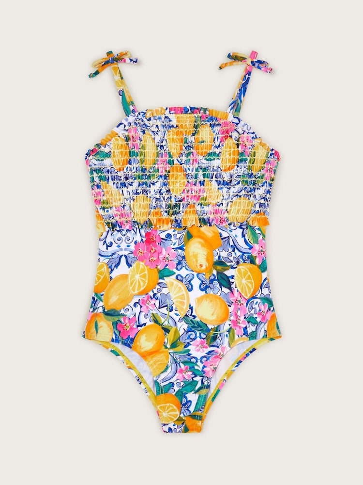 Monsoon Yellow Lemon Print Smocked Swimsuit - Image 1 of 3