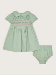 Conjunto de braguitas y vestido fruncido de algodón 100 % con bordados para bebé de Monsoon - Imagen 1 de 3