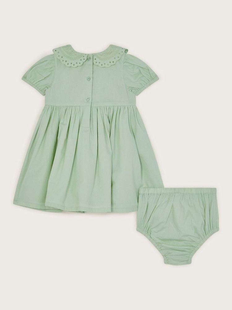 Conjunto de braguitas y vestido fruncido de algodón 100 % con bordados para bebé de Monsoon - Imagen 2 de 3