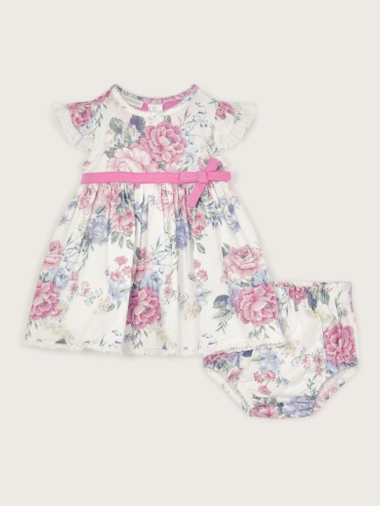 Monsoon Purple Newborn Ophelia Floral 100% Cotton Dress and Briefs Set - Image 1 of 3