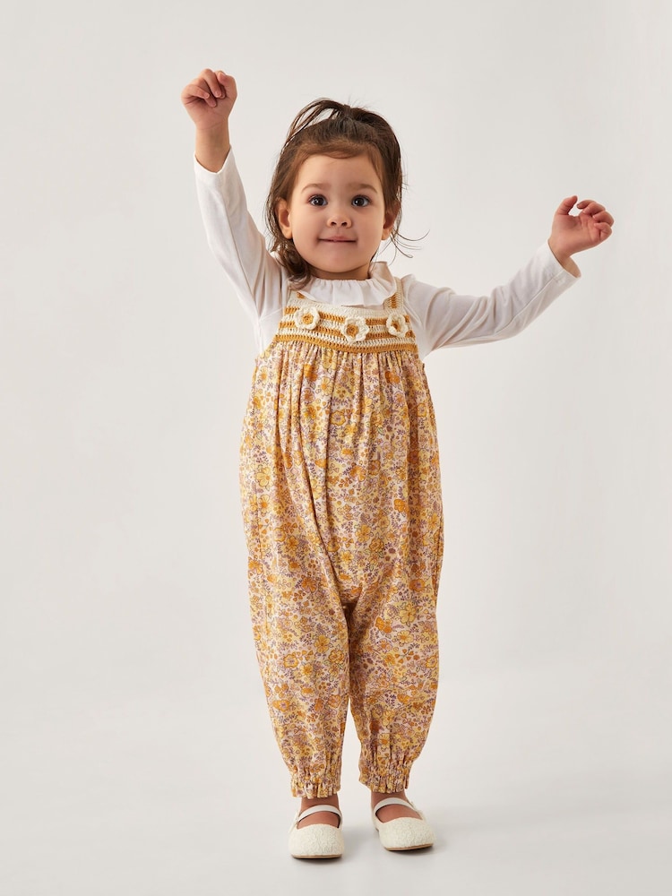 Monsoon Yellow Baby Frill Blouse and Floral Print 100% Cotton Romper Set - Image 1 of 3