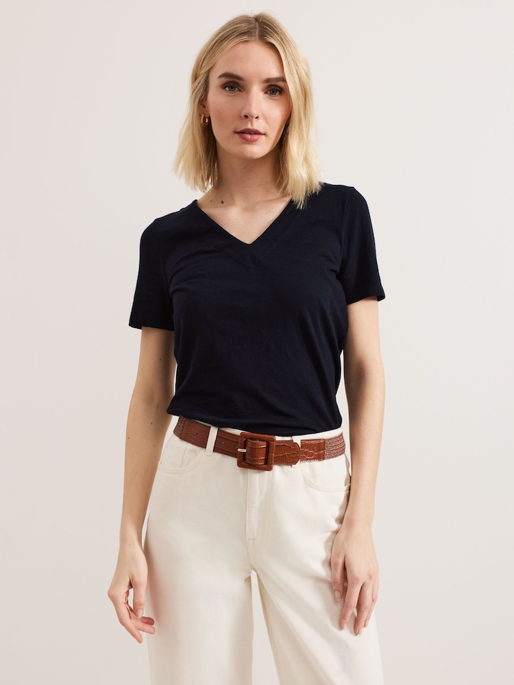 Phase Eight Blue Elspeth V-Neck 100% Cotton Top - Image 1 of 6